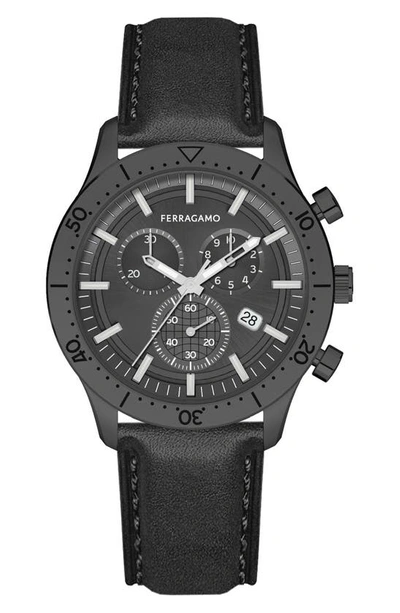 Ferragamo Master Leather Strap Chronograph Watch, 43mm In Black