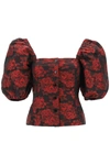 Ganni Botanical-print Short Puff-sleeve Cropped Top In Red, Black