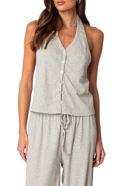 Edikted Rosanna Halter Neck Rib Pajama Top In Gray-melange