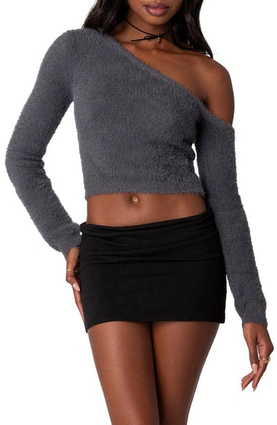 Edikted Women's Frannie One Shoulder Fuzzy Knit Sweater In Gray