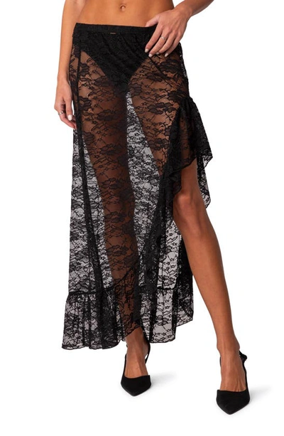 Edikted Women's Asymmetric Ruffle Sheer Lace Maxi Skirt In Black