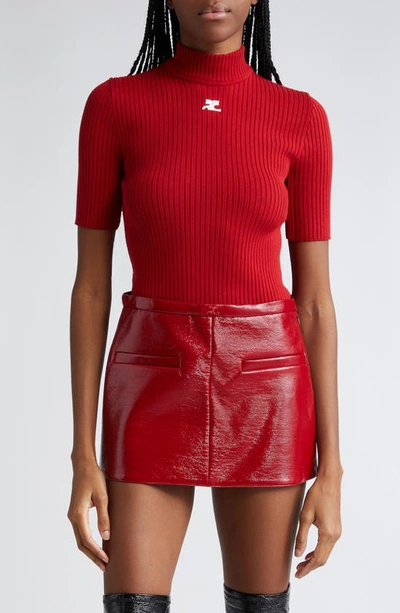 Courrèges Embroidered Logo Mock Neck Rib Jumper In Red