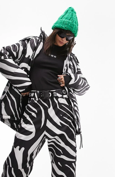 Topshop Sno Ski Coat With Belt And Fur Trim Hood In Zebra Print-multi
