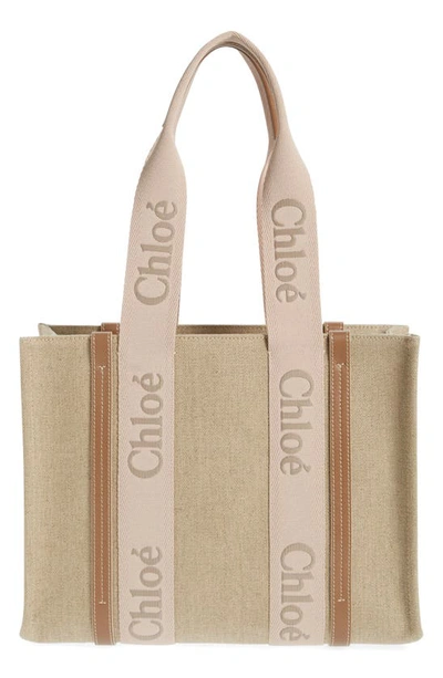 CHLOÉ MEDIUM WOODY LINEN CANVAS TOTE