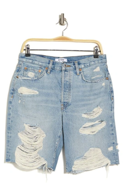 Re/done Blue Distressed Denim Shorts In Destroyed Ripped Tied