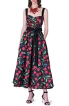 Carolina Herrera Cherry-print Draped Sash Midi Dress In Black Multi