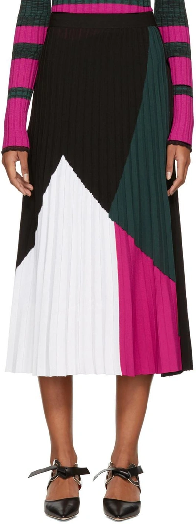 Proenza Schouler Color-block Pleated Knitted Midi Skirt In Black/deep Pine/electric Pink