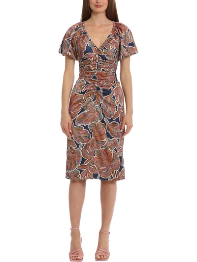 Maggy London Womens Floral Ruched Midi Dress In Navy/umber Brown