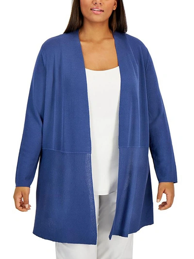 Anne Klein Plus Womens Ribbed Open Front Cardigan Sweater In Blue