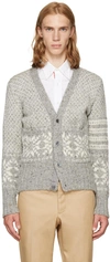 THOM BROWNE Grey Classic Snowflake Fair Isle V-Neck Cardigan