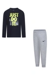 Nike Kids' Just Do It Long Sleeve Tee & Joggers Set In Dark Grey Heather/ Black