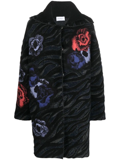 Ferragamo Floral-embroidered Knitted Cardigan-coat In Black