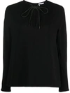 Ferragamo Gathered Tie Neck Long Sleeve Top In Black