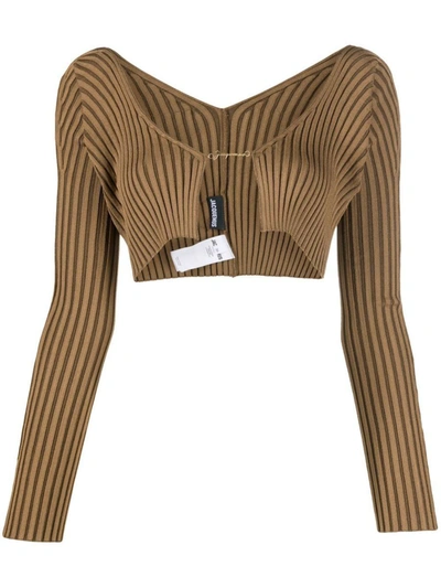 Jacquemus Ribbed-knit Cropped Cardigan In Brown