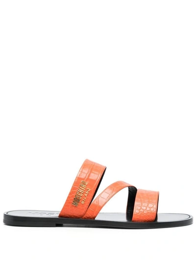 Moschino Crocodile Crossover Strap Sandals In Orange