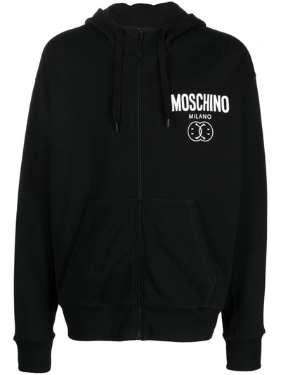 Moschino Fleece Hooded Pullover With Pouch Pocket In Black