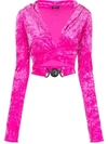 Versace 'medusa Biggie' Fuchsia Crop Hoodie Top With Criss-cross Belt In Crushed Velvet Woman In Pink