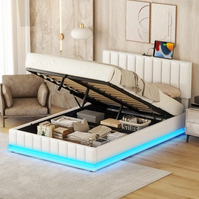 Simplie Fun Full Size Upholstered Bed With Hydraulic Storage System And Led Light In Neutral