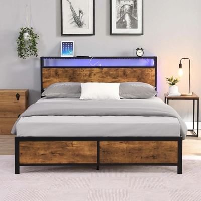 Simplie Fun Industrial Queen Bed Frame With Led Lights And 2 Usb Ports
