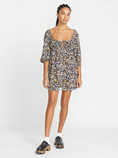 Volcom Juniors Womens Floral Print Above The Knee Babydoll Dress In Mocha