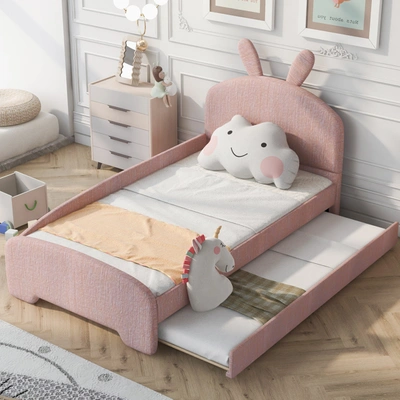 Simplie Fun Twin Size Upholstered Platform Bed With Cartoon Ears Shaped Headboard And Trundle