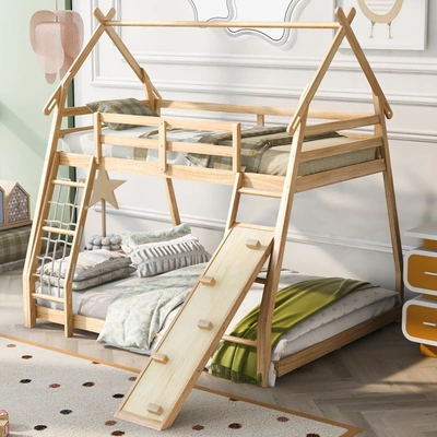 Simplie Fun Twin Over Queen House Bunk Bed With Climbing Nets And Climbing Ramp