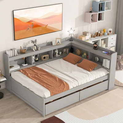 Simplie Fun Full Bed With L-shaped Bookcases In Gray