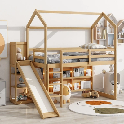 Simplie Fun Twin Size Wood House Loft Bed With Slide In Brown