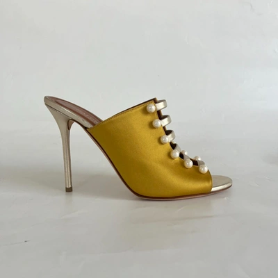 Pre-owned Malone Souliers Yellow/gold Leather And Satin Zada Mule Sandals, 41