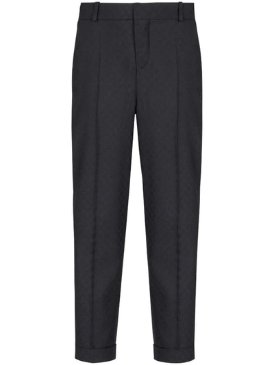 Balmain Monogram-jacquard Wool Trousers In Black