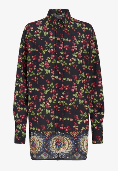 Etro Berry Print Long Silk Shirt In Multicolor