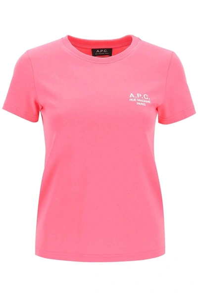Apc Solid Color Denise Crew-neck T-shirt With Emnbroidered Logo In Pink