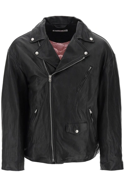 Acne Studios Off-centre Zip Leather Biker Jacket In Black