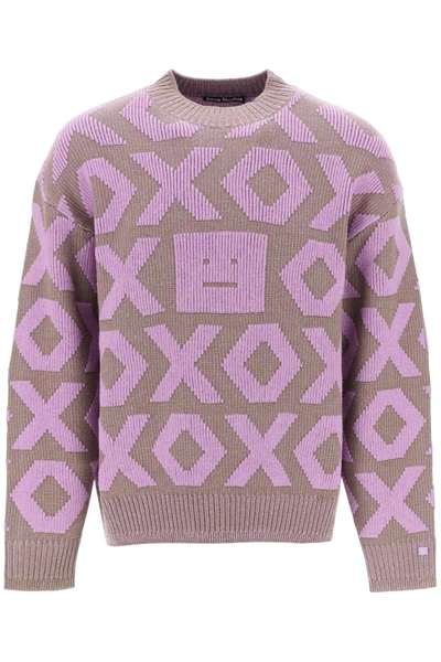 Acne Studios Mens Khaki Beige Smoky Purple Graphic-knit Relaxed-fit Wool And Cotton-blend Jumper In Brown