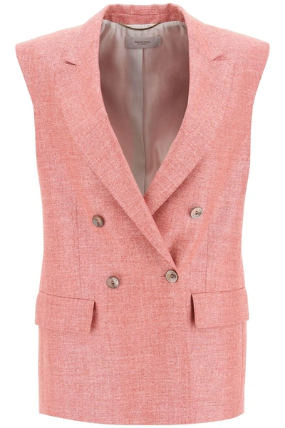 Agnona Double-breasted Vest In Silk, Linen And Wool In Pink