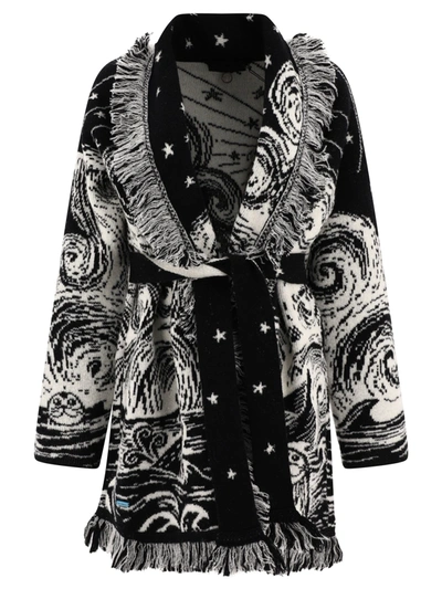 Alanui Graphic Pattern Belted Fringed Cardigan In Nero