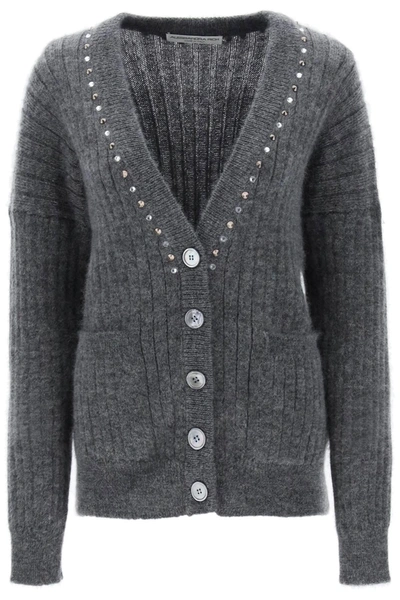 Alessandra Rich Cardigan With Studs And Crystals In Grey