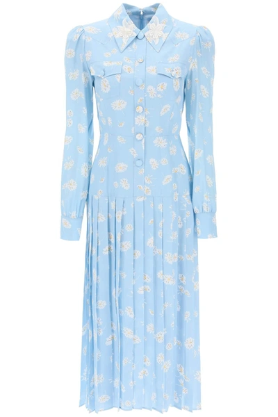 Alessandra Rich Crepe De Chine Shirt Dress With Daisy Motif In Blue