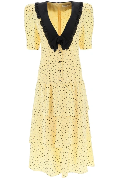 Alessandra Rich Floral Silk Midi Dress In Yellow