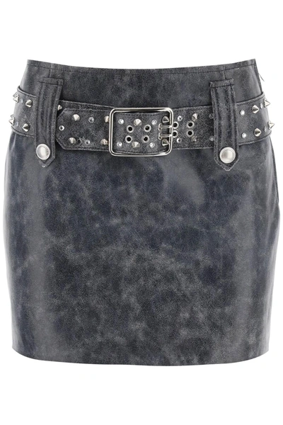 Alessandra Rich Leather Mini Skirt With Belt And Appliques In Black