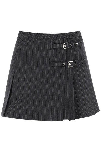 Alessandra Rich Pinstriped Mini Skirt With Buckles In Grey