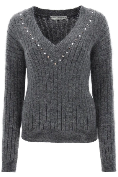 Alessandra Rich Wool Knit Sweater With Studs And Crystals In Grey