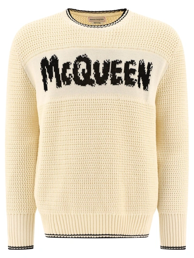 Alexander Mcqueen Logo Embroidered Sweater In Beige