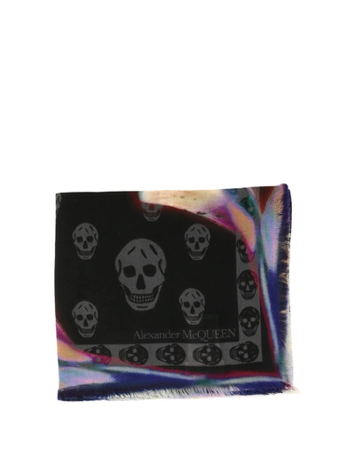 Alexander Mcqueen Skull And Floral Print Wool Scarf In Black,multicolor
