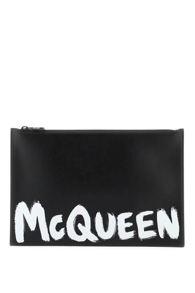 Alexander Mcqueen 'mcqueen Graffiti' Leather Flat Pouch In Black