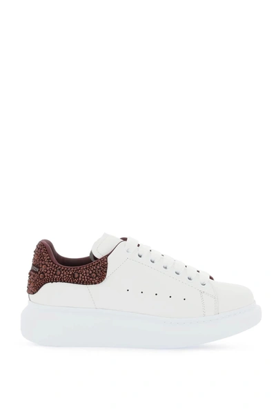 Alexander Mcqueen Oversized Sneakers In White And Dark Burgundy With Rhinestones In Multi-colored