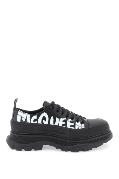 Alexander Mcqueen Man Black Leather Tread Slick Sneakers In Multi-colored