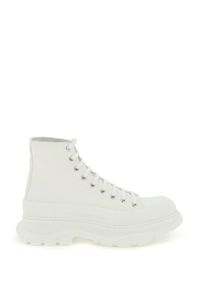 Alexander Mcqueen Graffiti Print Leather Tread Slick Ankle Boots In Bianco