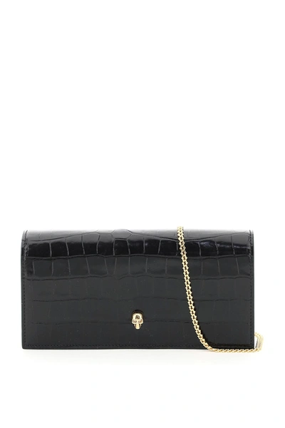 Alexander Mcqueen Croco Embossed Leather Mini Skull Clutch In Black