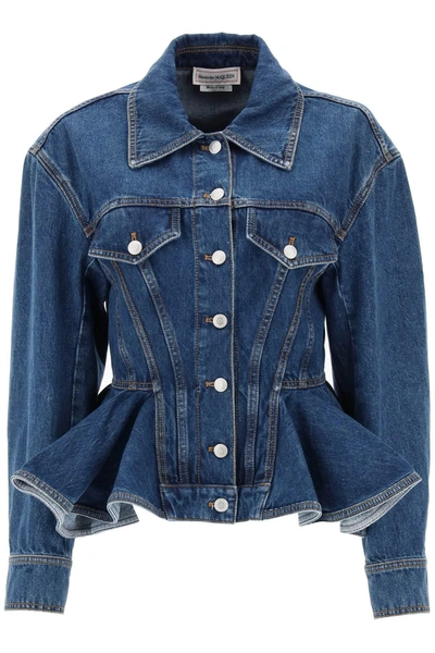 Alexander Mcqueen Peplum Denim Jacket In Blue